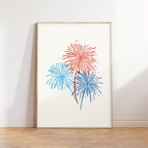 Arte murale minimalista del 4 luglio, stampa di fuochi d&#39;artificio del 4 luglio, arte della parete stampabile del Giorno dell&#39;Indipendenza, arte digitale patriottica rossa blu bianca