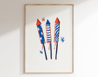 Stampa minimalista di petardi del 4 luglio, arte murale patriottica (download digitale)