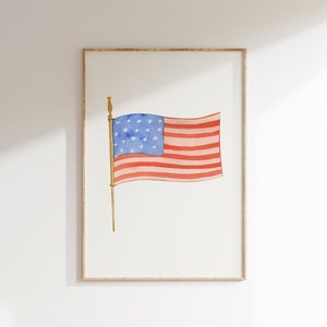 Watercolor USA Flag Print, Minimalist 4th of July Wall Art Decor, American Flag Printable Wall Art, Red Blue White Patriotic Digital Art