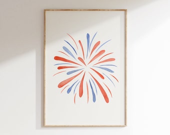 Stampa minimalista di fuochi d'artificio, arte murale patriottica rossa, bianca e blu (download digitale)