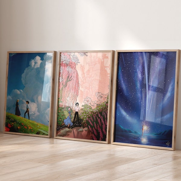 ハウルの動く城のプリント3枚セット、ソフィーとハウルのアート、アニメ装飾、ジブリ風装飾、ハウルの動く城のポスター、デジタルダウンロード