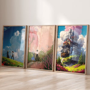 Set di 3 stampe del castello errante di Howl, Sophie e Howl Art, regali anime, decorazioni ispirate a Ghibli, poster del castello errante di Howl, DOWNLOAD DIGITALE