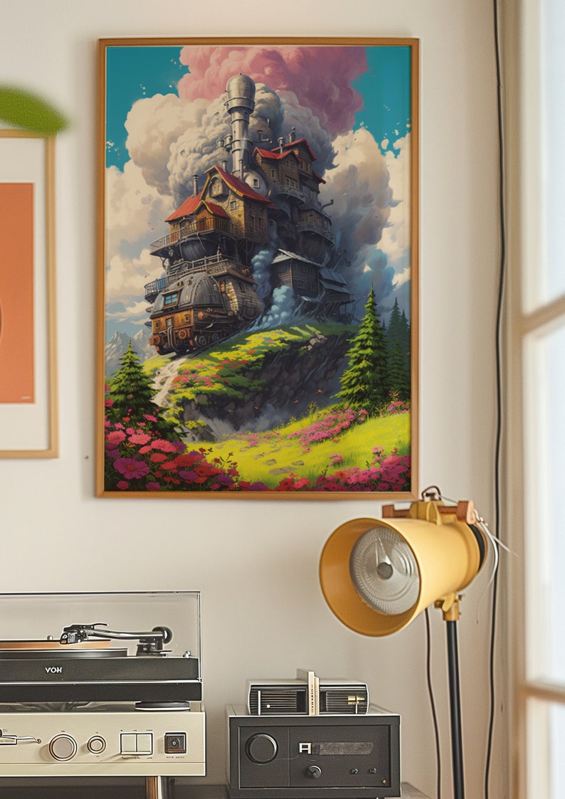 Puede incluir: Una pintura de una casa caprichosa de varios niveles con una chimenea y una locomotora, situada en una colina verde con flores rosas, sobre un fondo de cielo azul con nubes blancas esponjosas.