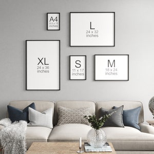 May include: A wall with five black picture frames of different sizes. The frames are labeled with the letters A4, L, XL, S, and M. The frames are hanging on a light gray wall. The text inside the frames indicates the size of the prints in inches.
