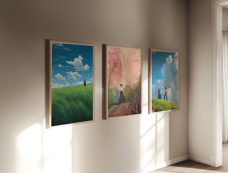 May include: Three framed illustrations of anime characters in a room with white walls. The illustrations are of a couple walking in a field, a woman standing in a field, and a couple walking in a field with a large cloud in the sky.