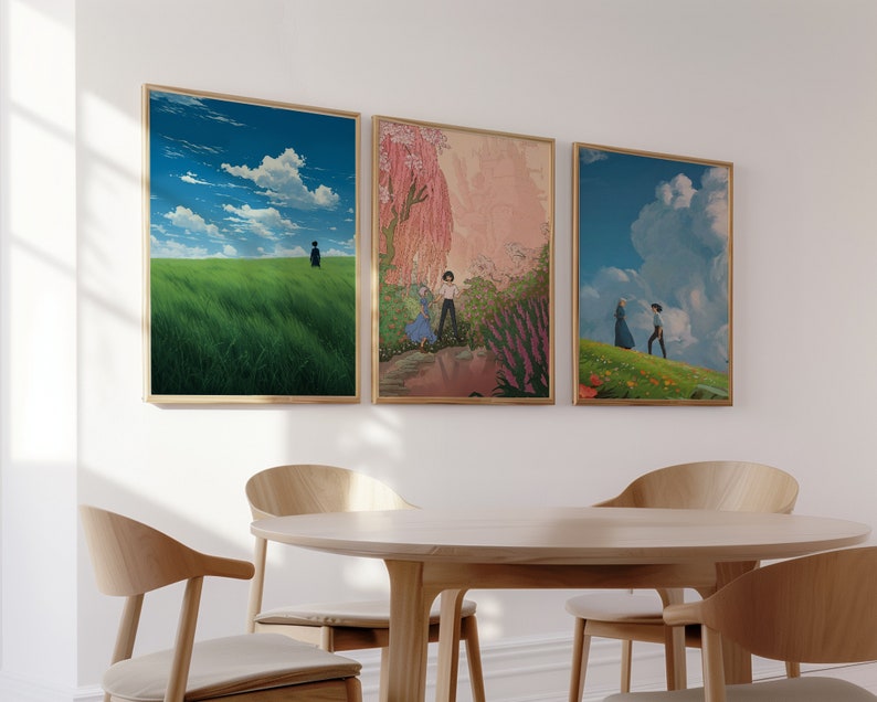 May include: Three framed art prints with a nature theme. The first print shows a green field with a single figure walking away from the viewer. The second print shows a couple walking through a field of flowers. The third print shows a couple walking through a field with a large cloud in the sky.