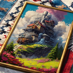 Puede incluir: Una pintura enmarcada que representa una casa fant&aacute;stica de estilo steampunk con una chimenea y un gran motor oxidado, encaramada en un acantilado rocoso. La casa est&aacute; rodeada de vegetaci&oacute;n exuberante y flores rosas, con un cielo azul y nubes esponjosas en el fondo.
