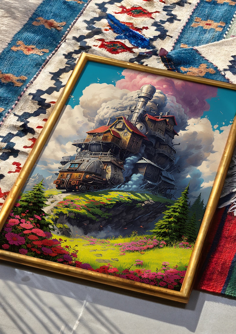 Puede incluir: Una pintura enmarcada que representa una casa fant&aacute;stica de estilo steampunk con una chimenea y un gran motor oxidado, encaramada en un acantilado rocoso. La casa est&aacute; rodeada de vegetaci&oacute;n exuberante y flores rosas, con un cielo azul y nubes esponjosas en el fondo.