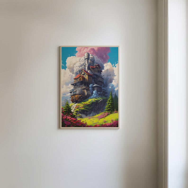 Puede incluir: Una ilustraci&oacute;n caprichosa de una casa de varios niveles con una chimenea, encaramada en la cima de una colina verde con flores rosas. La casa est&aacute; rodeada de nubes blancas esponjosas y un cielo azul.