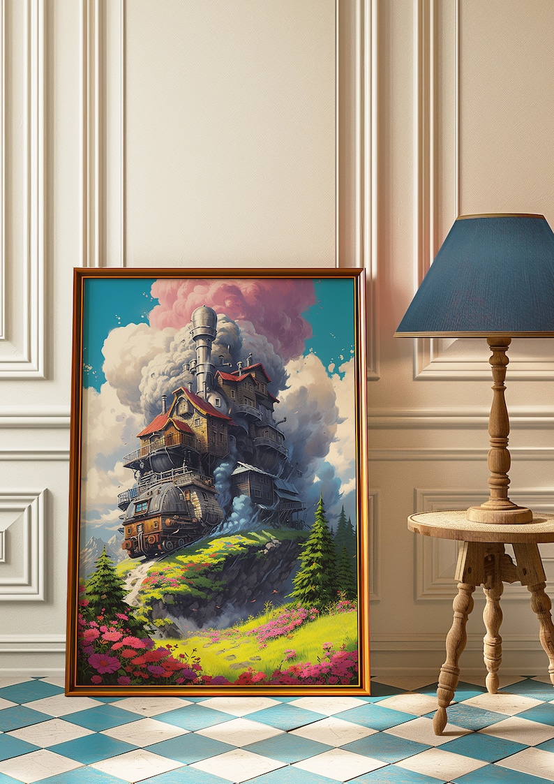 Puede incluir: Una ilustraci&oacute;n enmarcada de una casa caprichosa de varios niveles con una chimenea y humo, encaramada en una colina verde con flores rosas y un cielo azul con nubes. La casa est&aacute; sobre ruedas y parece estar movi&eacute;ndose.