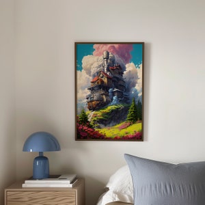 Puede incluir: Una pintura caprichosa de una casa de varios niveles con una chimenea, encaramada en una colina verde con flores rosas. La casa est&aacute; hecha de madera y piedra y tiene un techo de metal oxidado. La casa est&aacute; rodeada de nubes y humo.