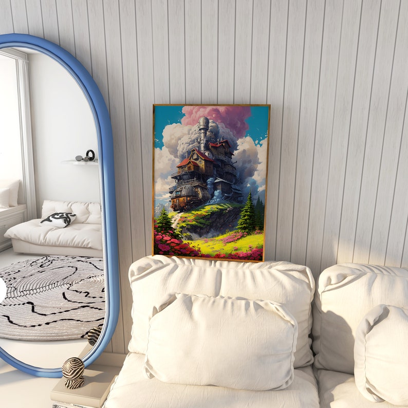 Puede incluir: Una pintura de una casa caprichosa de varios niveles con una chimenea, encaramada en la cima de una colina verde. La casa est&aacute; rodeada de nubes esponjosas y un vibrante campo de flores.