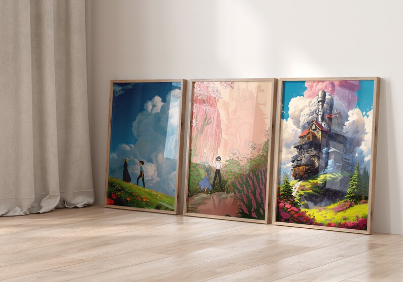 May include: Three framed prints of artwork featuring a whimsical flying house, a couple walking through a field of flowers, and a couple walking through a forest with pink blossoms.