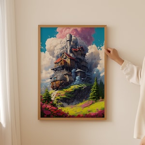 Puede incluir: Una ilustraci&oacute;n caprichosa de una casa de varios pisos construida sobre un tren, con una nube rosa y blanca en el cielo. La casa es marr&oacute;n con detalles rojos y est&aacute; rodeada de hierba verde y flores rosas.
