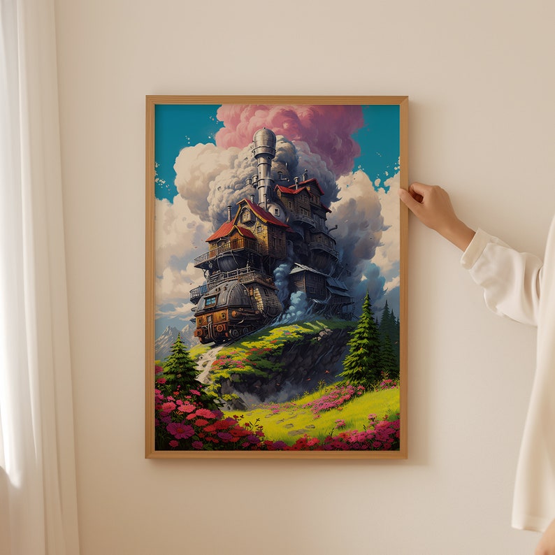 Puede incluir: Una ilustraci&oacute;n caprichosa de una casa de varios pisos construida sobre un tren, con una nube rosa y blanca en el cielo. La casa es marr&oacute;n con detalles rojos y est&aacute; rodeada de hierba verde y flores rosas.