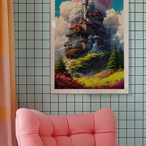 Puede incluir: Una ilustraci&oacute;n enmarcada de una casa caprichosa de varios niveles con una chimenea, construida en la cima de una colina rocosa. La casa est&aacute; rodeada de exuberante vegetaci&oacute;n y flores, y una columna de humo se eleva desde la chimenea, lo que sugiere que es una m&aacute;quina voladora.