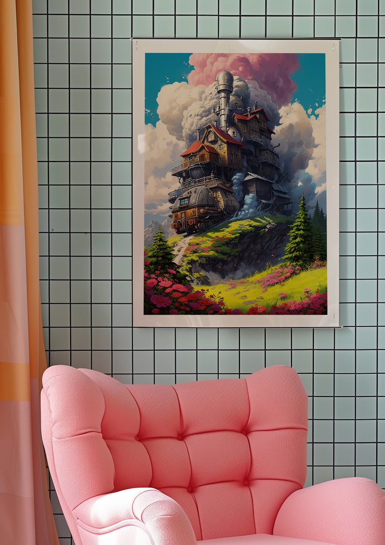 Puede incluir: Una ilustraci&oacute;n enmarcada de una casa caprichosa de varios niveles con una chimenea, construida en la cima de una colina rocosa. La casa est&aacute; rodeada de exuberante vegetaci&oacute;n y flores, y una columna de humo se eleva desde la chimenea, lo que sugiere que es una m&aacute;quina voladora.