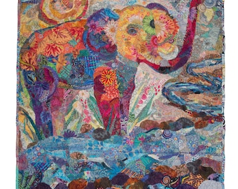 You Can Lead an Elephant to Water Quilt - Original Piece | Textile Art | Fabric and Thread Art | Elephant Art | Art Quilt | Wildlife Quilts