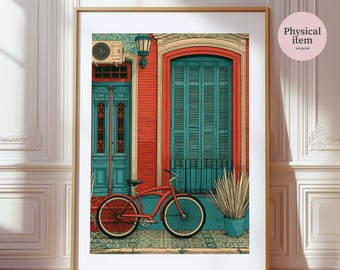 Havana Red Bicycle Art Print, Vintage Cuban Doorway Travel Poster