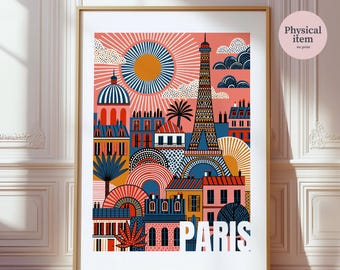 Vintage Paris Eiffel Tower Print, Colorful Travel Wall Art (Framed or Digital)