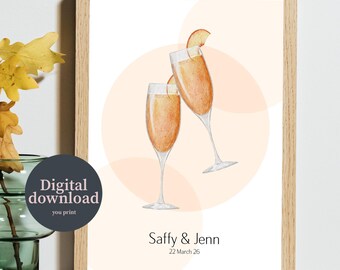 Couples Drinks Print, Watercolour Cocktail Artwork | Custom Names & Date, Digital Download, Anniversary Gift