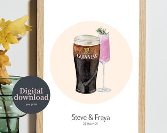 Couples Drinks Print, Personalised Cocktail Sign | Digital Download | Names & Date (Home Bar, Kitchen)