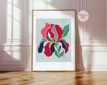 Bold Iris Botanical Print, Vibrant Red Navy Lilac Sage Flower Poster