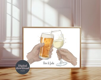 Personalised Wedding Drinks Print, Minimal Couples Art, Lager Wine (Digital Download)