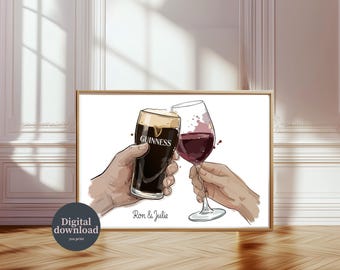 Personalised Wedding, Beer And Wine Couple Print | Digital Download, Custom Names, Home Bar Art