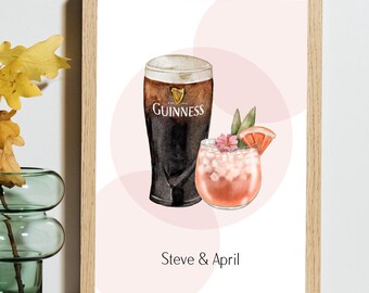 Personalised Couples Cocktail Watercolour Print, Home Bar Wall Art (Digital Download)