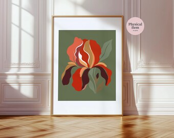 Mid Century Botanical Iris Print, Terracotta Burnt Orange Sage Green Poster
