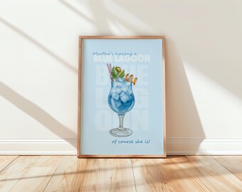 Blue Lagoon Print, Personalised Tropical Cocktail Art, Custom Digital Download | Bar Decor, Multiple Sizes