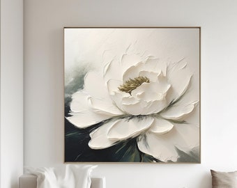 Large White Flower Oil Painting,,Heavy Textured Minimalist White Flower Painting,3D White Flower Oil Painting,White Textured Floral Painting