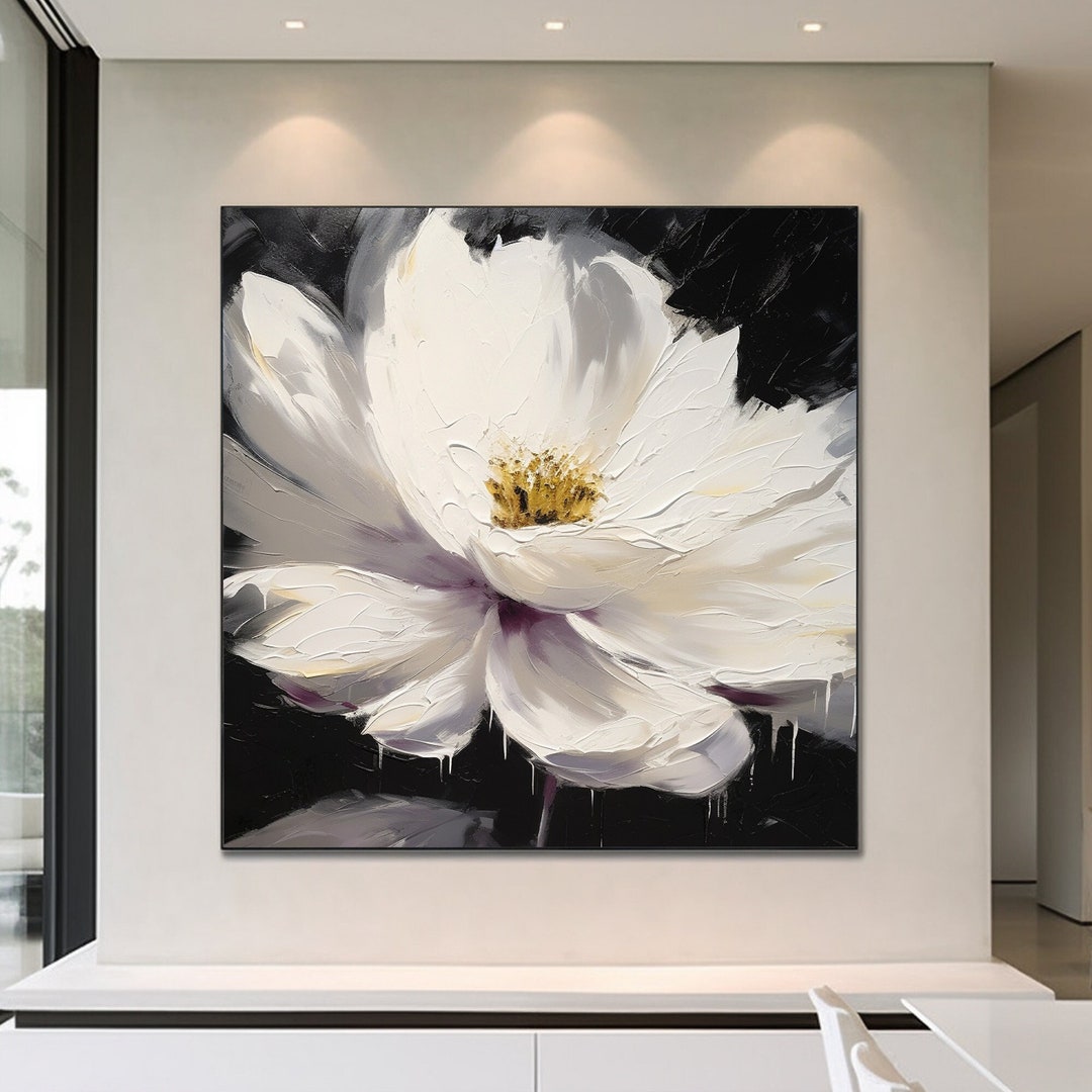 Abstract White Flower Oil Painting on Canvas, Large Wall Art, Original ...