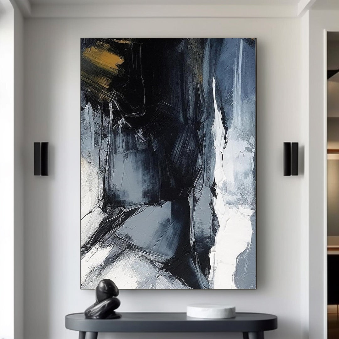 Wabi Sabi Wall Art Black White Textured Painting on Canvas Blue ...