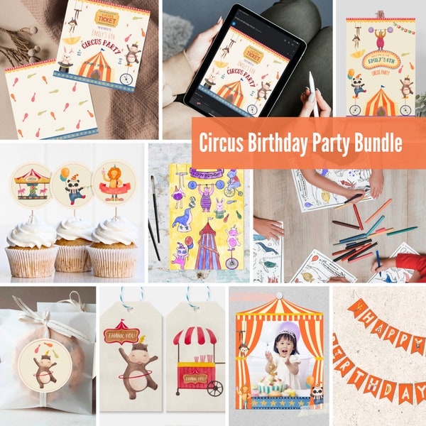 Pacchetto festa di compleanno per bambini Circus - Kit completo per la festa con inviti stampabili, striscioni, decorazioni e altro