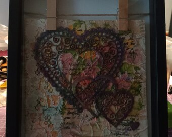 Gemälde „Nesting Hearts“-Collage auf Leinwand
