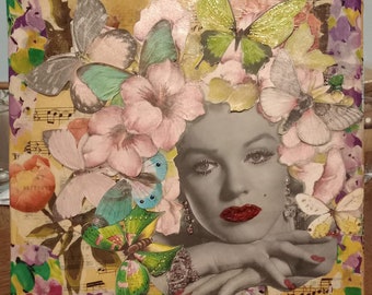 Painting collage on canvas Marilyn under the flowers