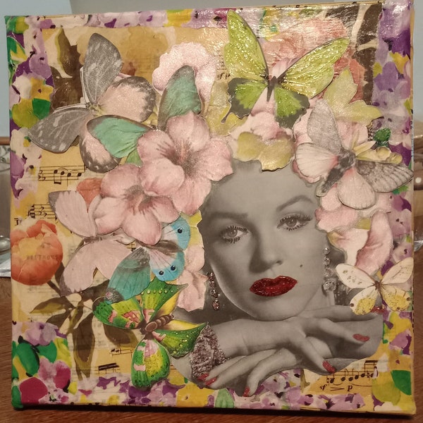 Tableau collage sur toile Marilyn sous les fleurs