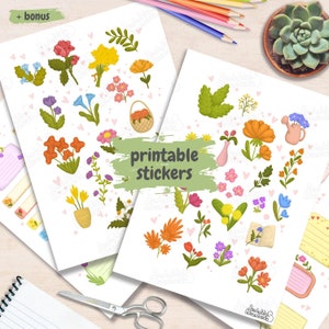 70+ Cute Flowers Printable Stickers, Digital Planner Stickers, Happy Floral Printable Stickers +  Printable Floral Colouring Pages