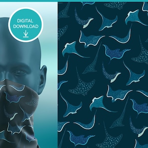 May include: A digital download featuring a seamless pattern of stingrays in shades of blue and teal on a dark background. The design is displayed on a neck gaiter worn by a mannequin head, with the text DIGITAL BUFF DESIGN and DIGITAL DOWNLOAD.