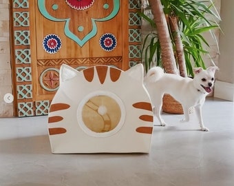 Felt Cat House, Modern Cat House, Premium Cat Bed, Indoor Ped Castle, Cat and Dog House, White - Beige Cat Cave