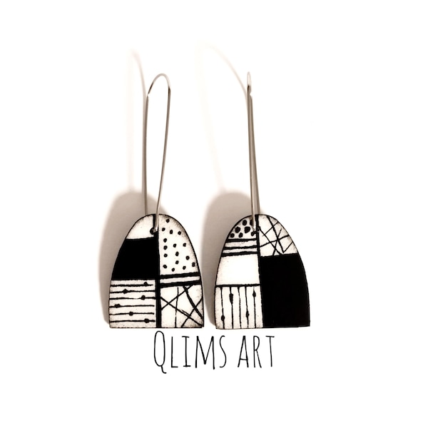 Contemporary Black White Drop Earrings | Lightweight Handpainted Paper Art Jewelry | Boho Chic Gift