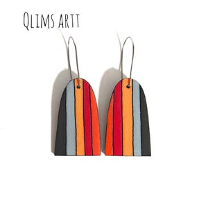 Handpainted Paper Dangle Earrings: Red & Gray Lightweight Jewelry