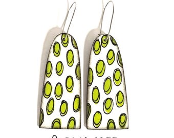 Handpainted Paper Earrings: Vintage Green Dots Dangle Drop