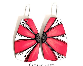 Hand-Painted Paper Earrings: Red Flower Dangle, Lightweight Eco Jewelry