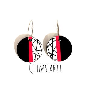 Handpainted red on black paper dangle drop earrings, handmade paper jewelry, lightweight unique cute fun modern paper earrings