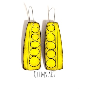 Handpainted paper earrings, yellow vintage circles dangle drop paper earrings, handmade unique eco friendly paper jewelry, mom birthday gift