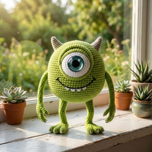 May include: A green crocheted monster with one large eye, small horns, and a smiling mouth. The plush toy is standing on a white windowsill with potted succulents in the background. The monster's eye is white, teal, and black.