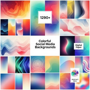 Puede incluir: Una colección de fondos abstractos coloridos para redes sociales, con una variedad de degradados y diseños. La imagen incluye el texto "1290+", "Colorful Social Media Backgrounds", "Digital Paper" y "Abstract Wers".